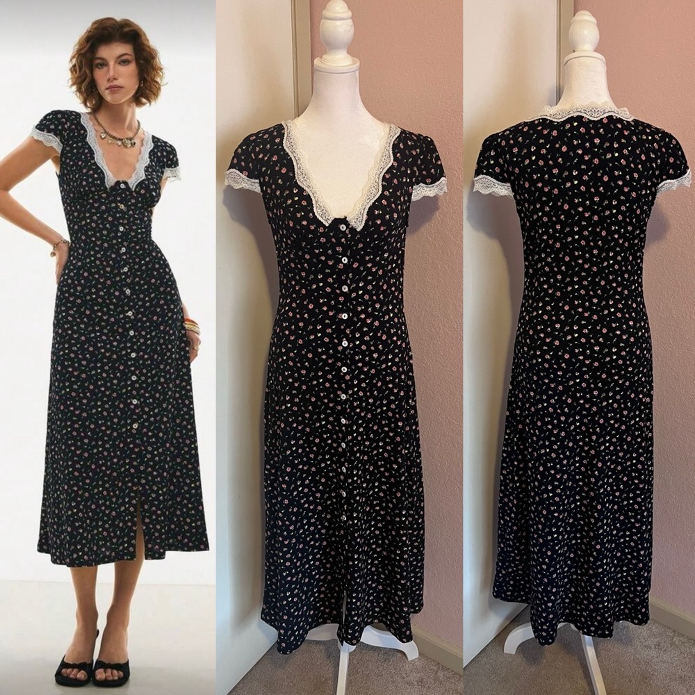 Floral Lace-Trim Cap Sleeve Button Down Vintage Style Dress - Picture 2 of 16